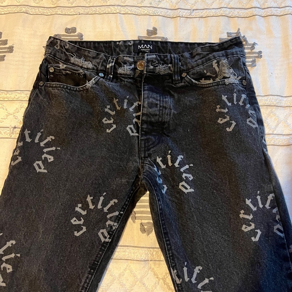 Boohoo Man Certified Black With Gray Print zip Ankle Jeans 30/30